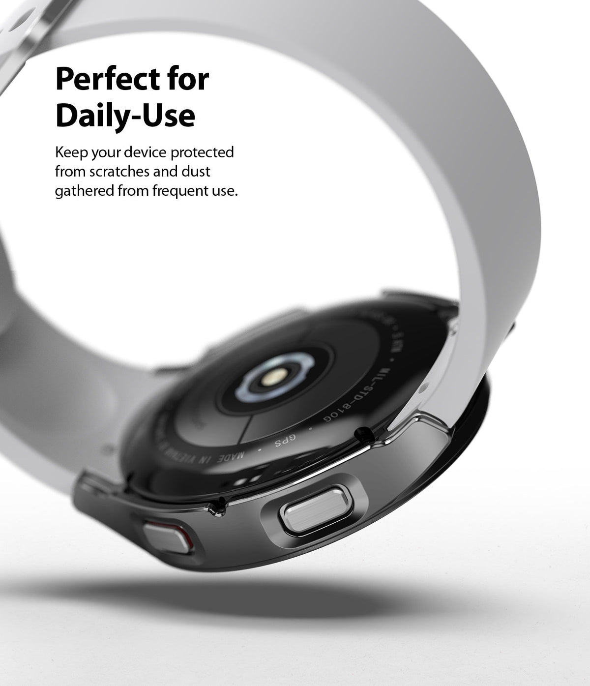 Galaxy Watch 4 (44mm) Case | Slim - Close-up of a slim protective case on a Galaxy Watch 4 with text about daily use.