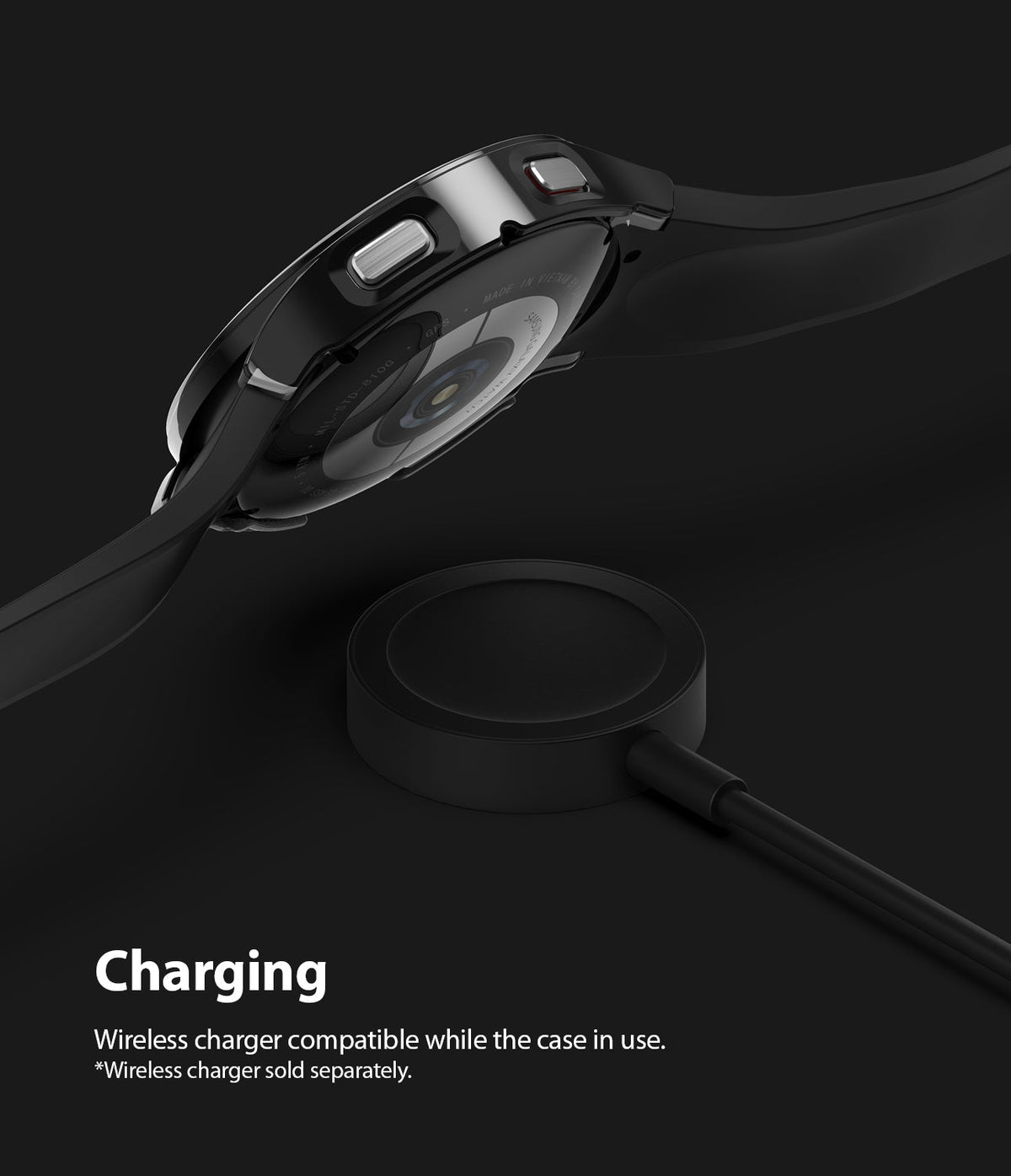 Galaxy Watch 4 (44mm) Case | Slim - Black smartwatch in a slim protective case hovering above a wireless charging puck.