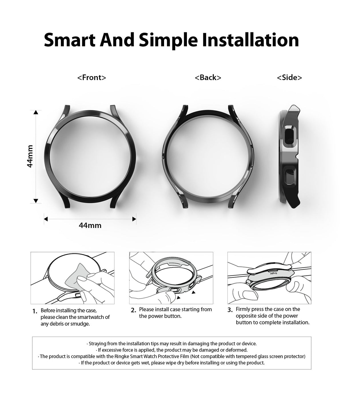 Galaxy Watch 4 (44mm) Case | Slim - Three views of a watch case with a three-step installation guide and safety notes.