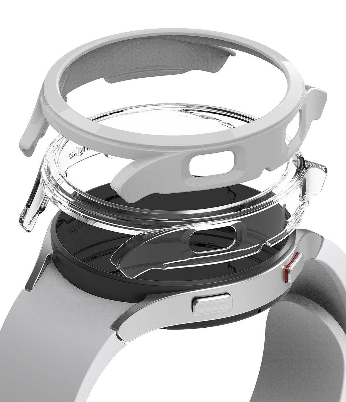 Galaxy Watch 4 (44mm) Case | Slim - Exploded view of a clear protective watch case hovering above a Galaxy Watch 4.
