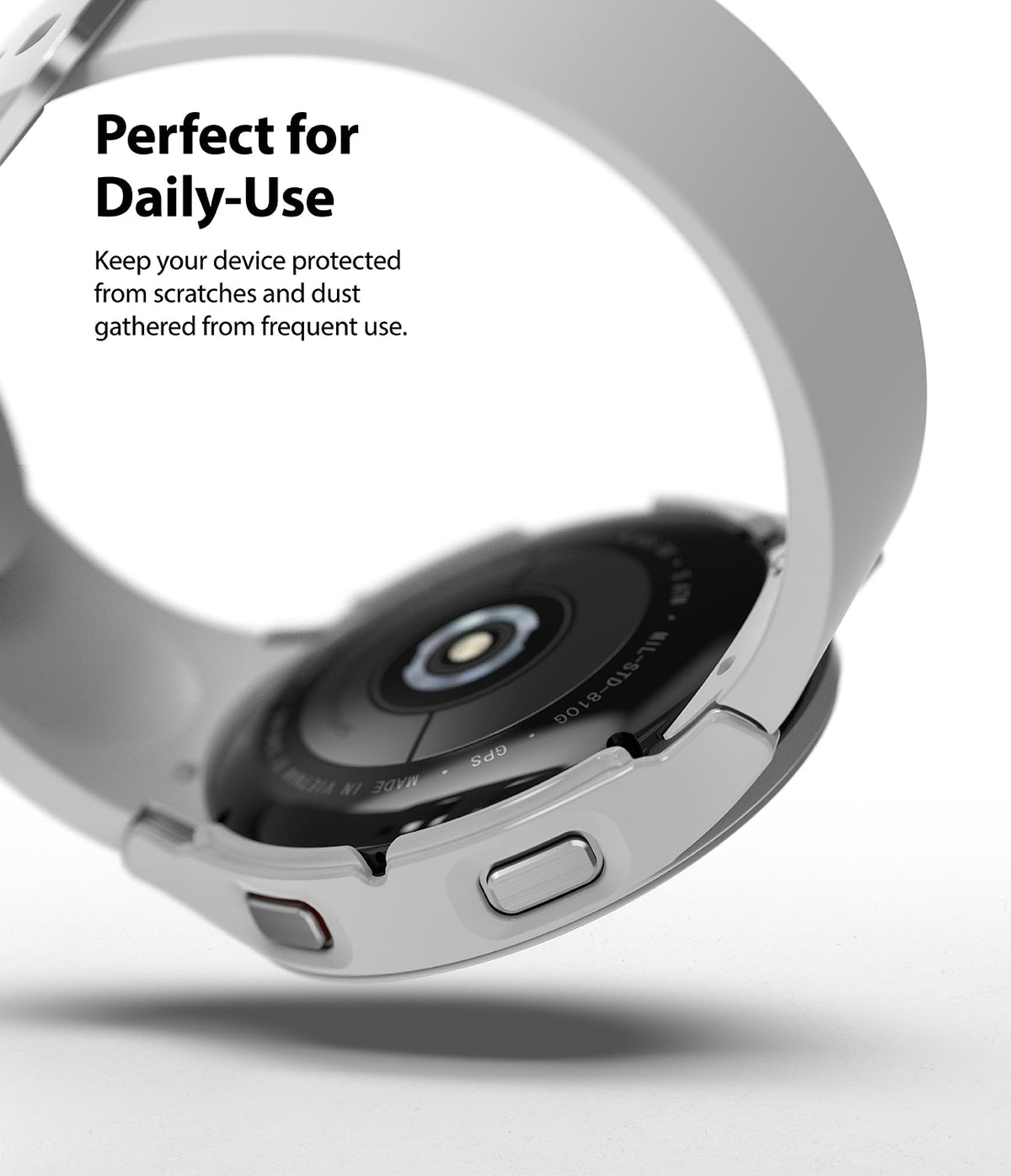Galaxy Watch 4 (44mm) Case | Slim - Close-up of a white protective case on a Galaxy Watch 4 with text about daily protection.