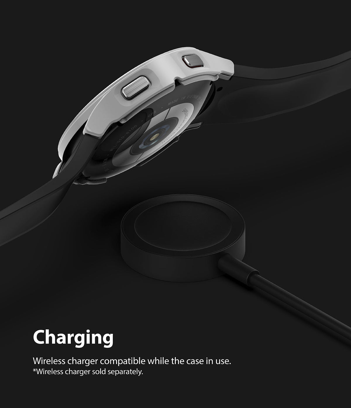 Galaxy Watch 4 (44mm) Case | Slim - A Galaxy Watch 4 with a slim protective case hovering above a wireless charging puck.