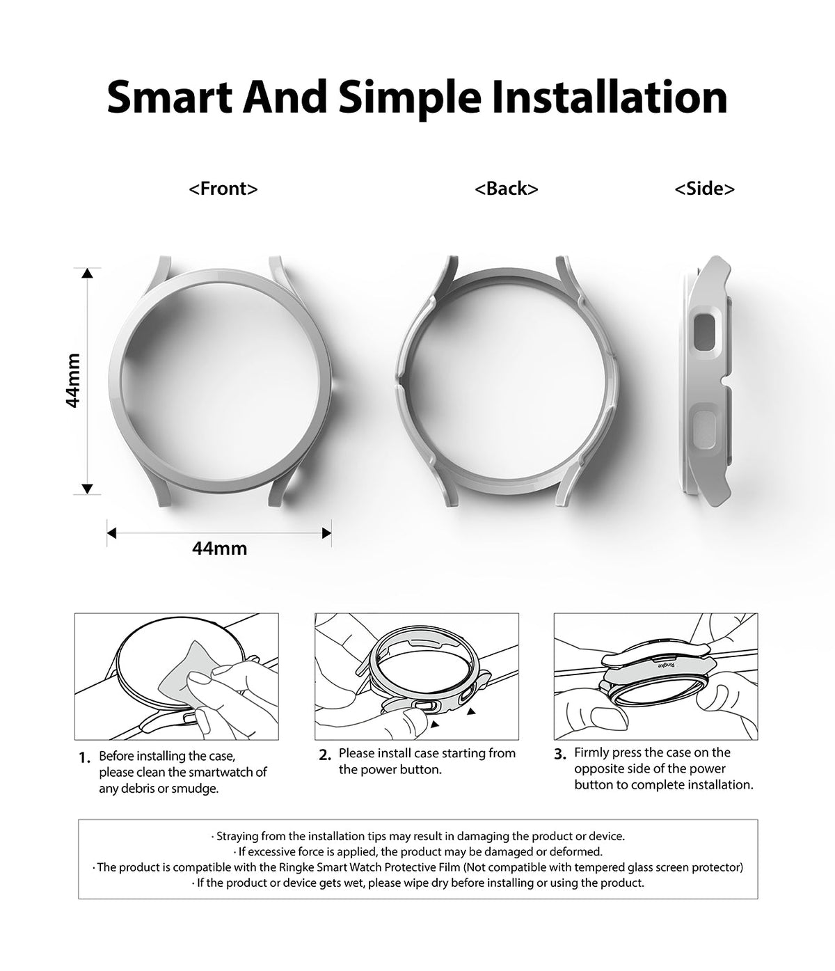 Galaxy Watch 4 (44mm) Case | Slim - Technical diagram showing front, back, and side views with 3-step installation guide.