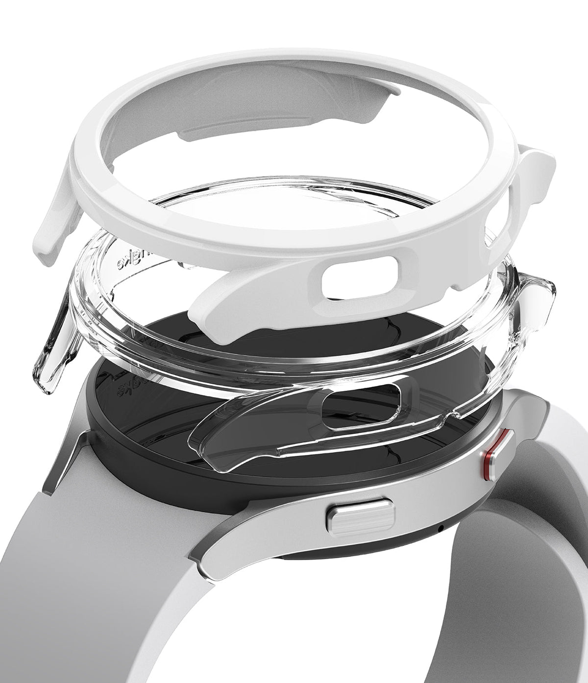 Galaxy Watch 4 (44mm) Case | Slim - Exploded view of a white and clear protective case hovering over a Galaxy Watch 4.