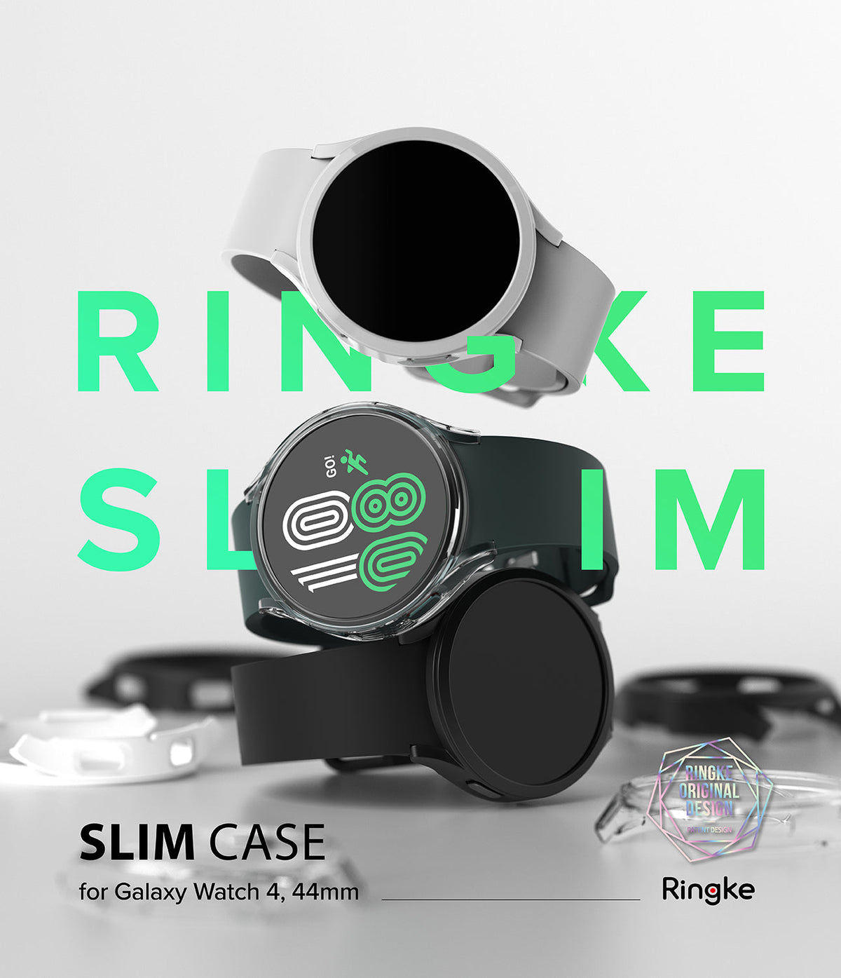 Galaxy Watch 4 (44mm) Case | Slim - Three Galaxy Watch 4 units stacked vertically, featuring a clear protective case on the middle watch.