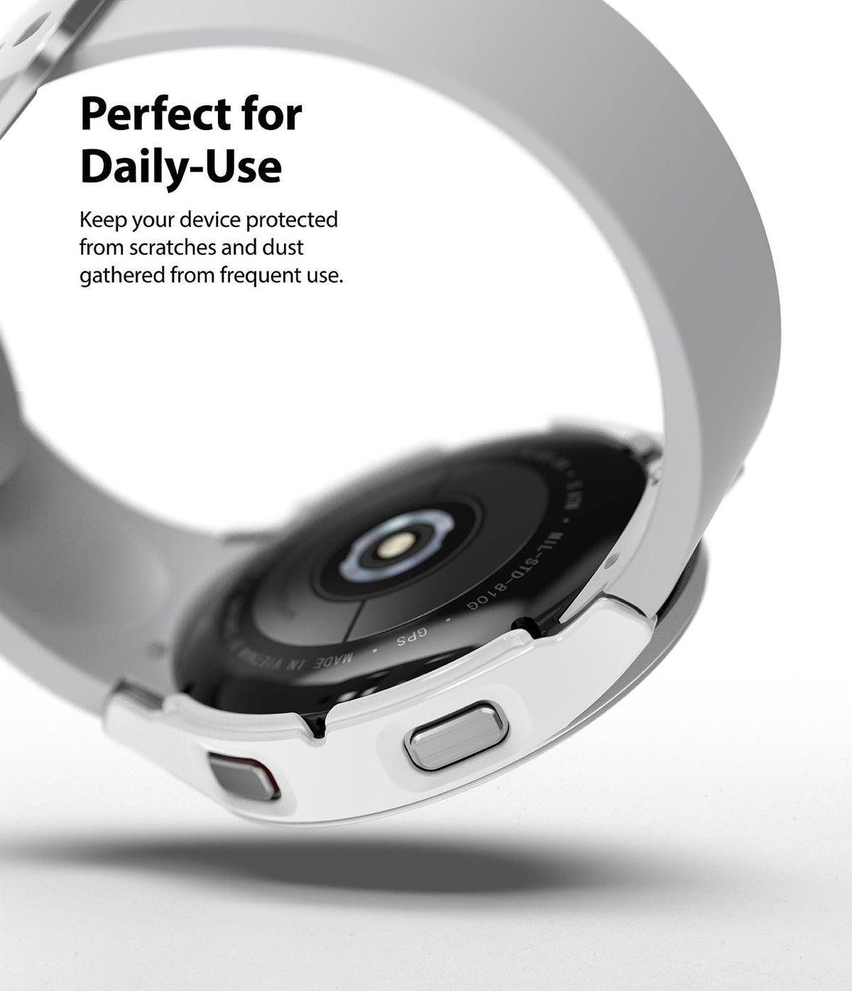 Galaxy Watch 4 (44mm) Case | Slim - White protective case on a Galaxy Watch 4 with a matching white silicone strap.