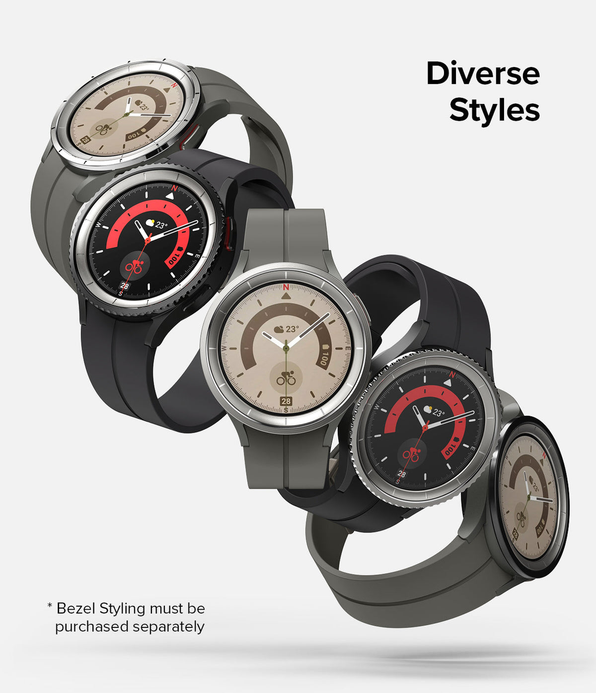 Galaxy Watch 5 Pro 45mm | Inner Bezel Styling - Five Galaxy Watch 5 Pro units with various inner bezel styles and watch faces.