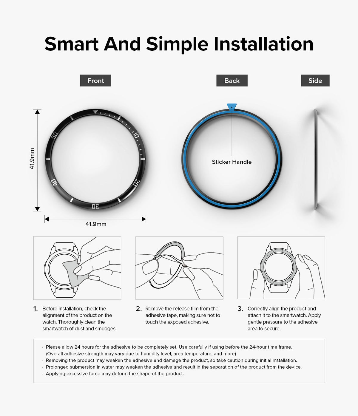 Galaxy Watch 5 Pro 45mm | Inner Bezel Styling - Installation guide showing bezel dimensions and three-step application.
