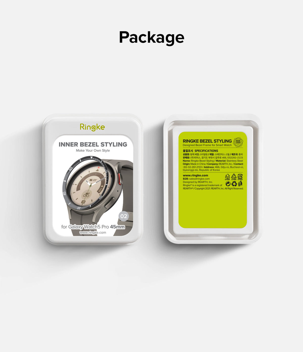 Galaxy Watch 5 Pro 45mm | Inner Bezel Styling - Ringke packaging showing a watch bezel accessory and product specs.