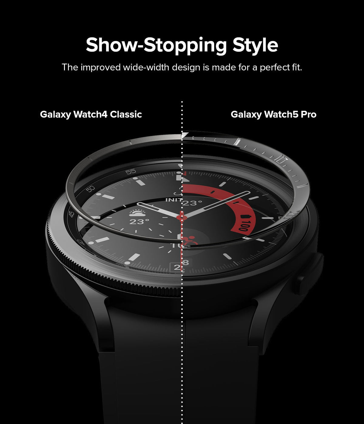 Galaxy Watch 5 Pro 45mm | Inner Bezel Styling - Split-screen comparison of Galaxy Watch4 Classic and Watch5 Pro bezels.