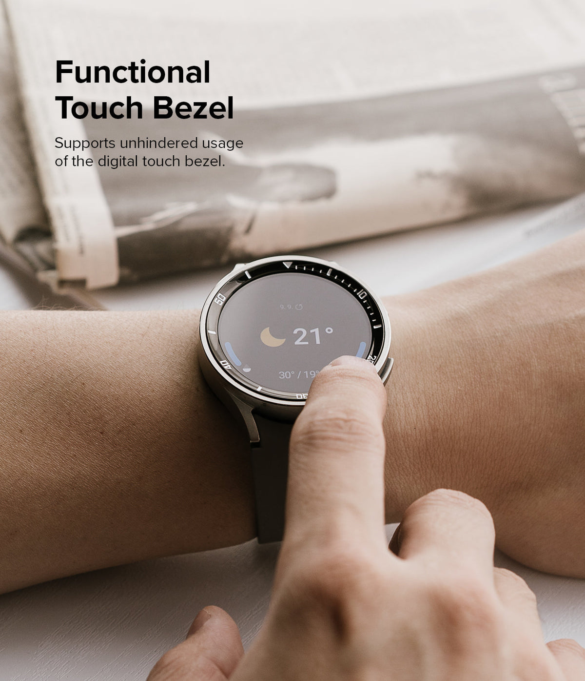 Galaxy Watch 5 Pro 45mm | Inner Bezel Styling - Galaxy Watch 5 Pro 45mm - Finger touching the digital bezel on a smartwatch screen displaying weather information.