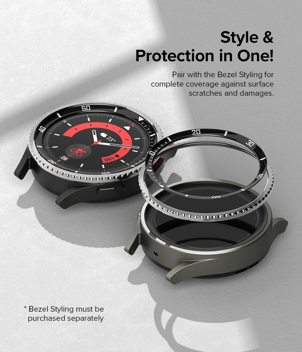 Galaxy Watch 5 Pro 45mm | Inner Bezel Styling - A Galaxy Watch 5 Pro with a detachable black bezel ring accessory.