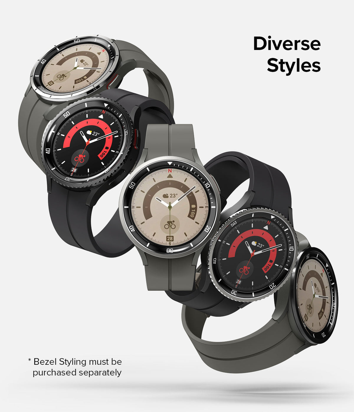 Galaxy Watch 5 Pro 45mm | Inner Bezel Styling - Five Galaxy Watch 5 Pro smartwatches with various inner bezel styles.