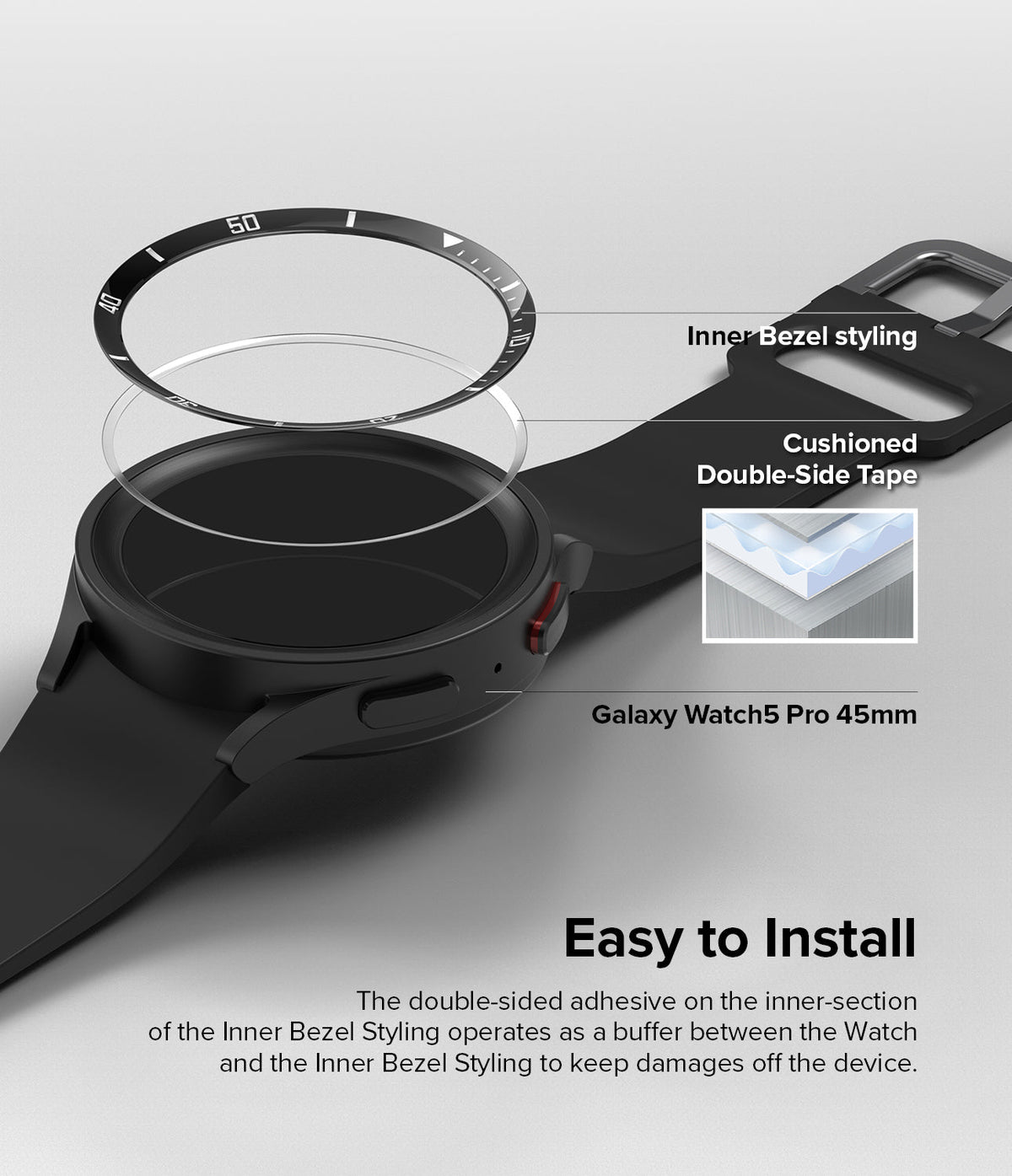 Galaxy Watch 5 Pro 45mm | Inner Bezel Styling - Exploded view of bezel ring and adhesive tape for Galaxy Watch 5 Pro.