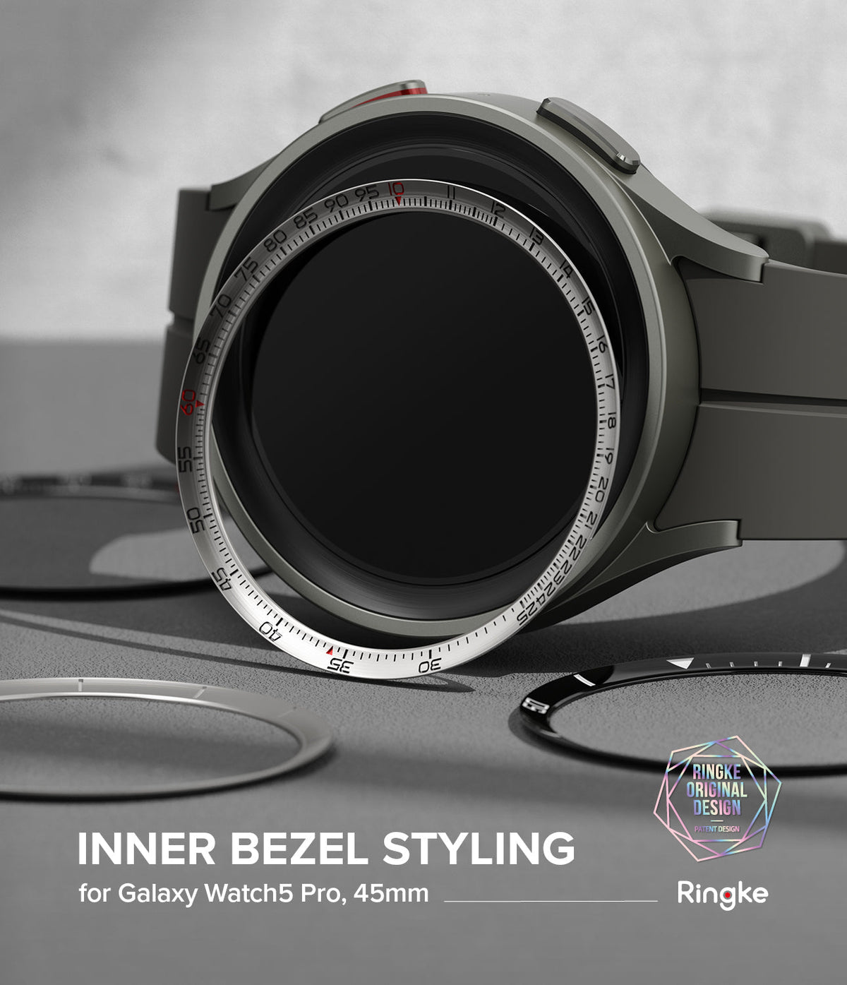 Galaxy Watch 5 Pro 45mm | Inner Bezel Styling - Silver metallic inner bezel ring installed on a grey smartwatch.