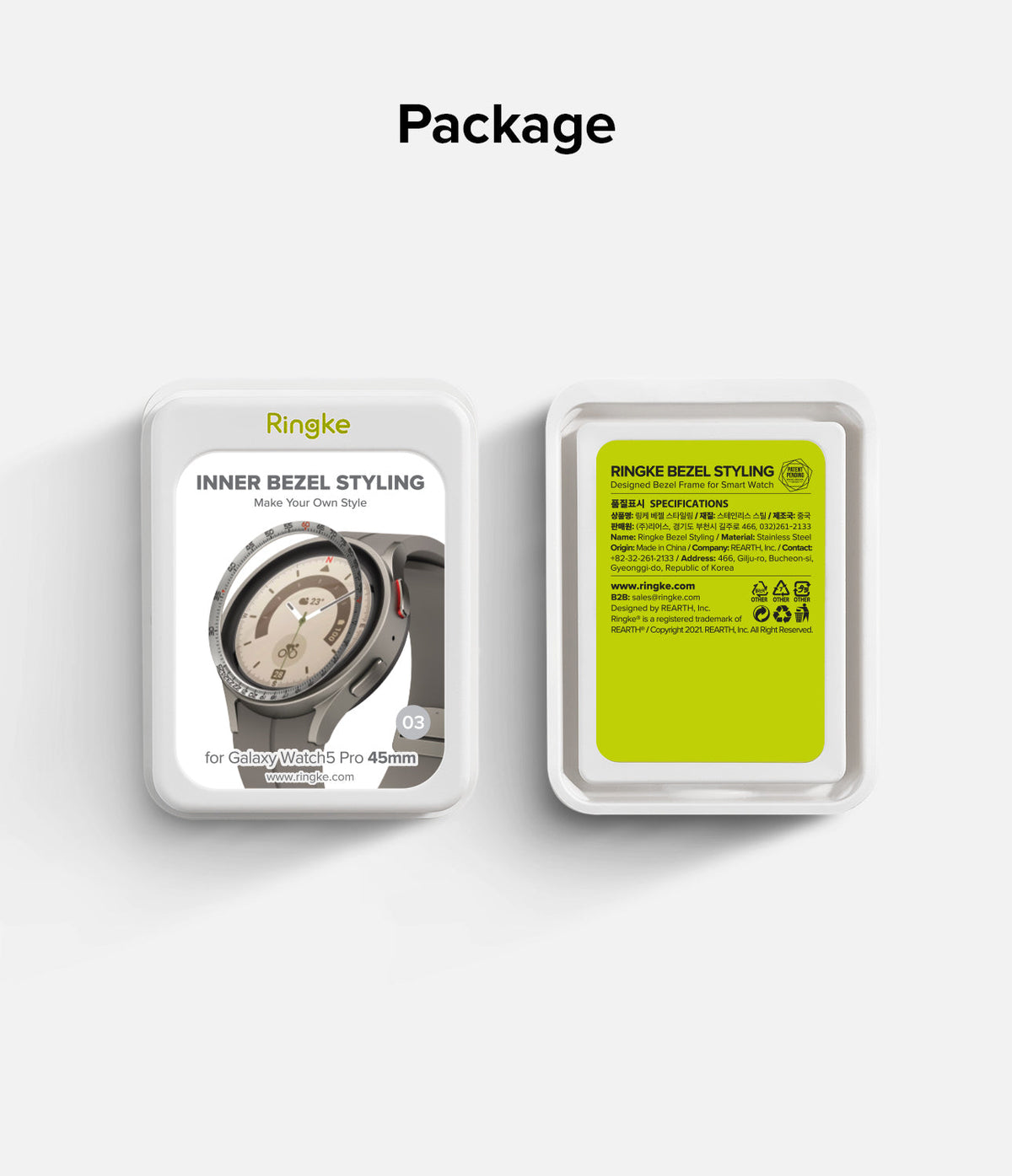 Galaxy Watch 5 Pro 45mm | Inner Bezel Styling - Ringke packaging showing a smartwatch bezel accessory and product specs.