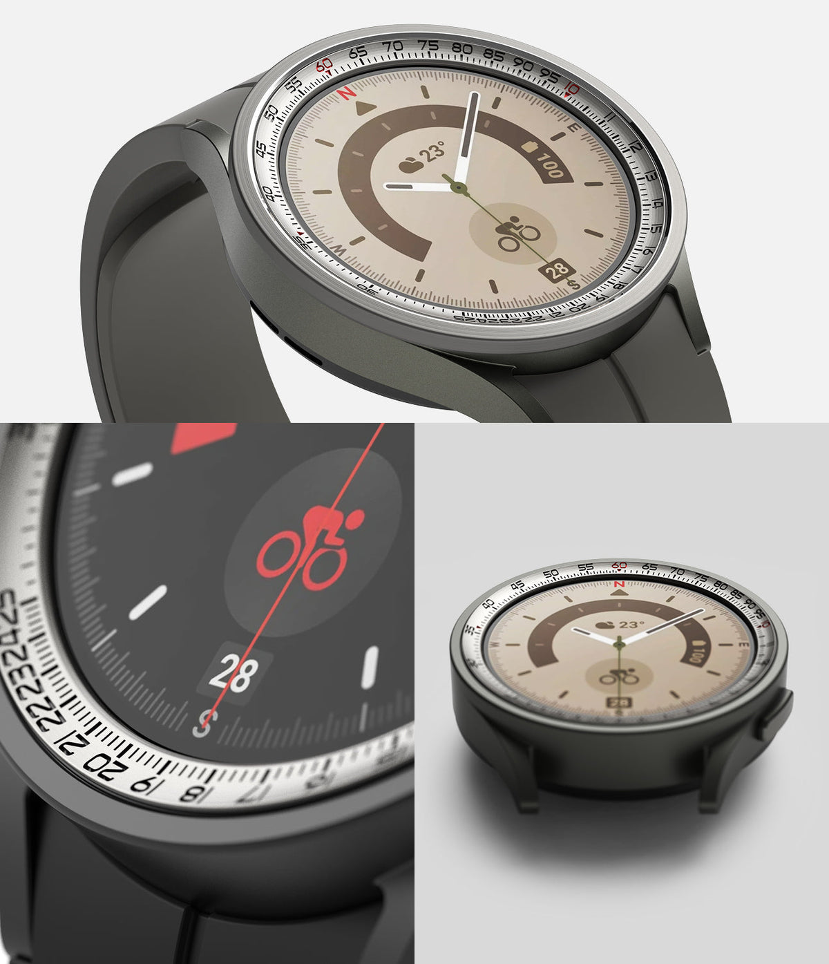 Galaxy Watch 5 Pro 45mm | Inner Bezel Styling - Close-up views of a smartwatch featuring a metallic inner bezel ring.