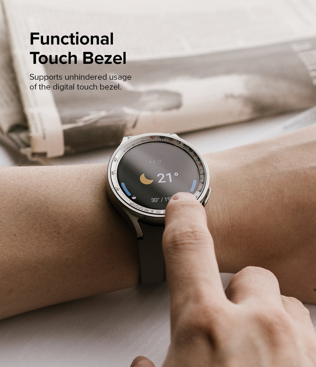 Galaxy Watch 5 Pro 45mm | Inner Bezel Styling - Finger touching the digital bezel of a smartwatch displaying weather.