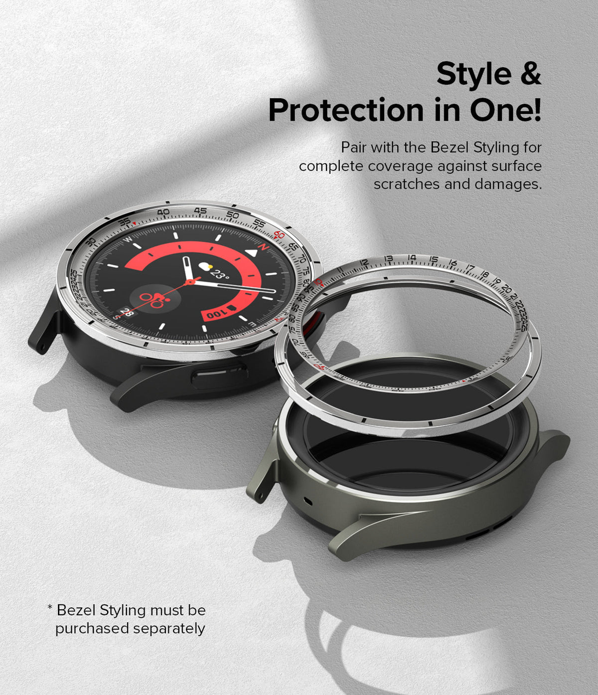 Galaxy Watch 5 Pro 45mm | Inner Bezel Styling - A Galaxy Watch 5 Pro with a metallic bezel ring being applied to the watch face.