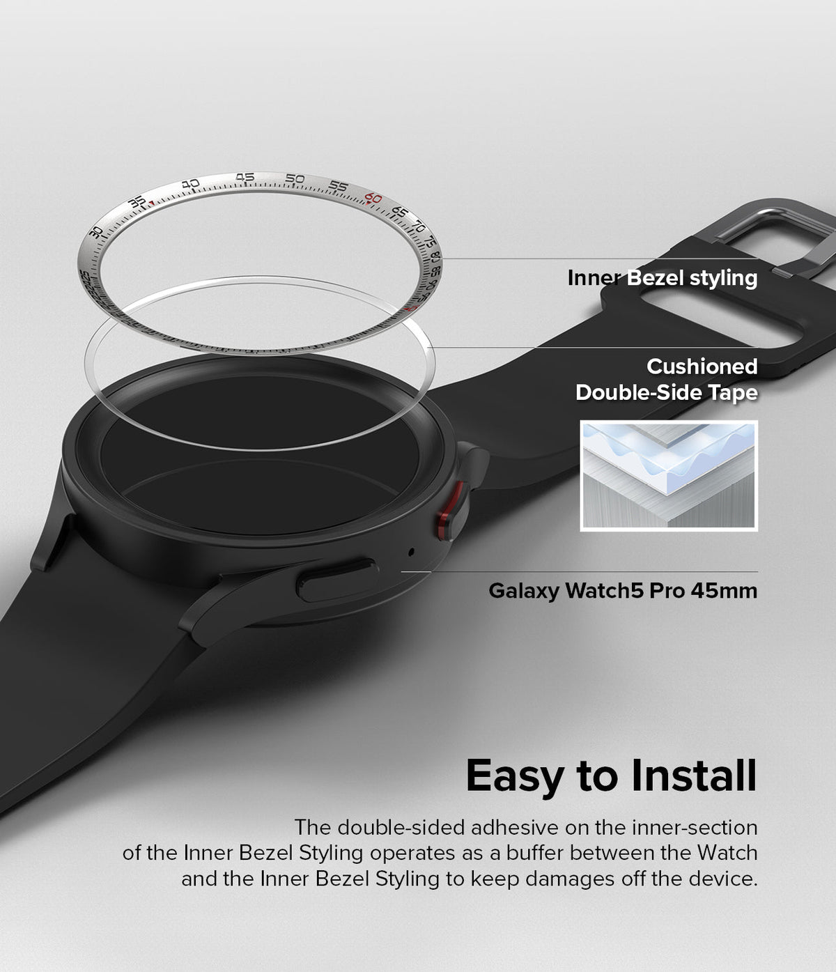 Galaxy Watch 5 Pro 45mm | Inner Bezel Styling - Galaxy Watch 5 Pro 45mm - Exploded view of inner bezel styling accessory with adhesive tape for easy watch installation.
