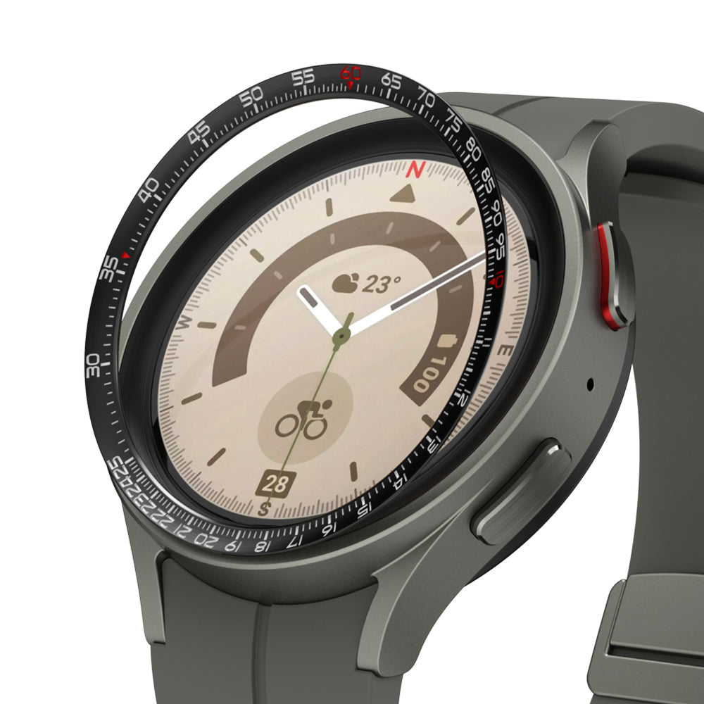 Galaxy Watch 5 Pro 45mm | Inner Bezel Styling - Black adhesive bezel ring hovering above a grey smartwatch face.