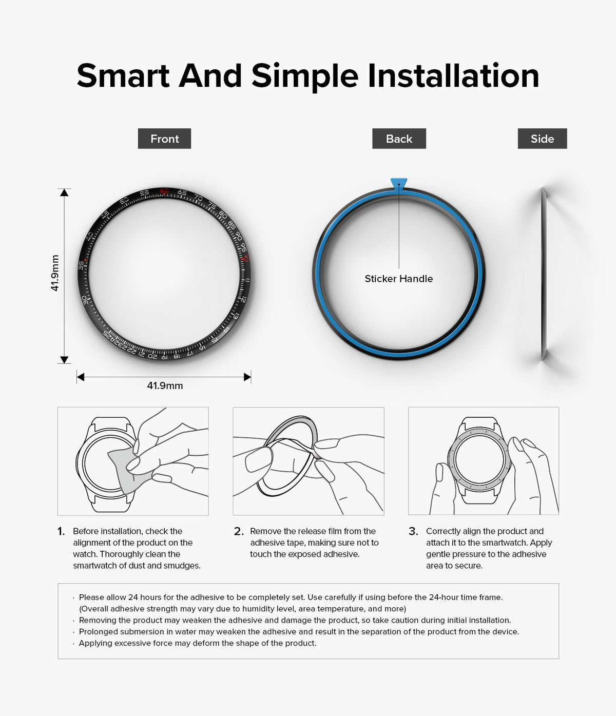 Galaxy Watch 5 Pro 45mm | Inner Bezel Styling - Galaxy Watch 5 Pro 45mm | Installation guide showing front, back, and side views of the bezel ring with three steps.