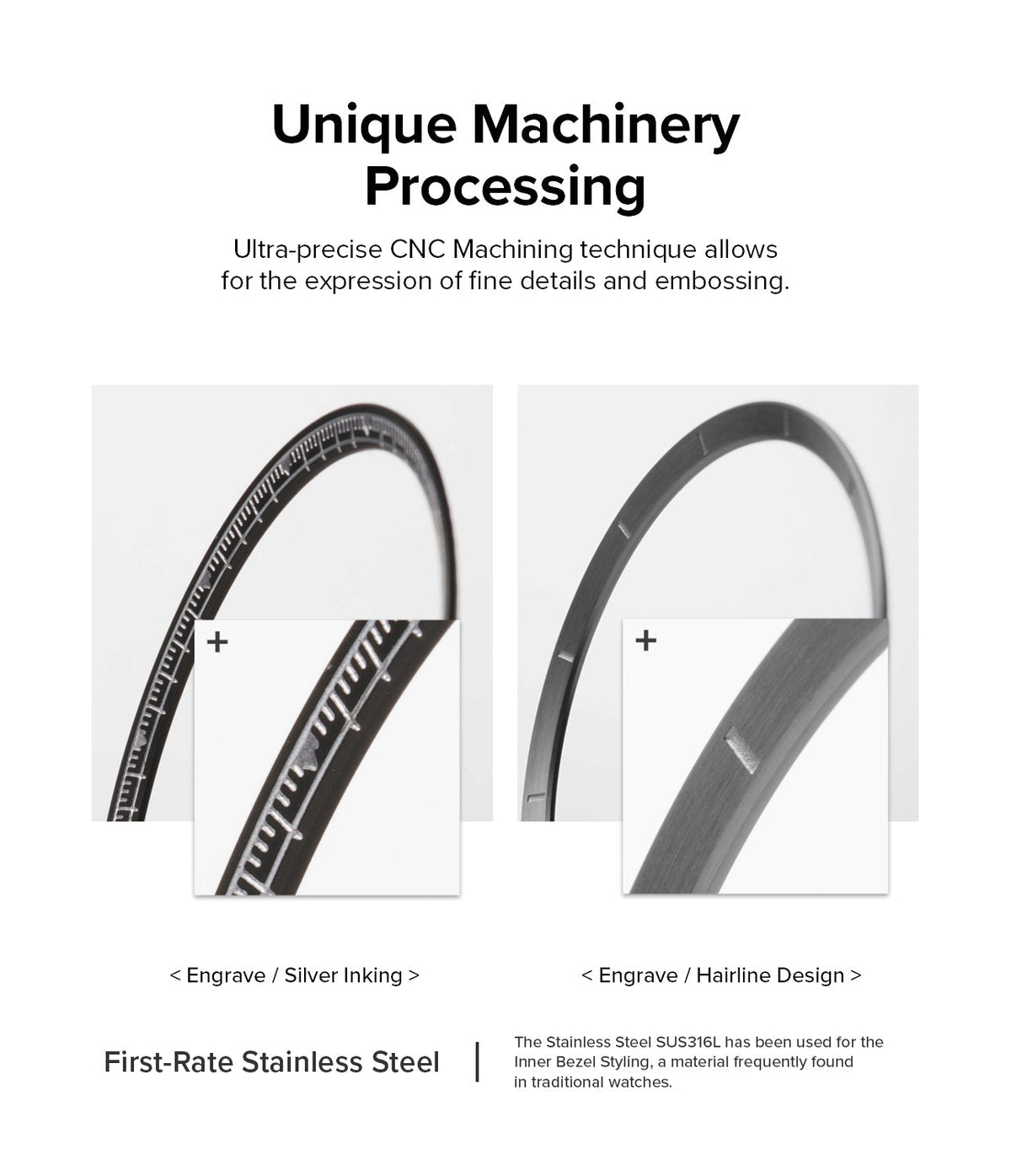 Galaxy Watch 5 Pro 45mm | Inner Bezel Styling - Comparison of CNC-machined stainless steel bezels with silver inking and hairline engraving.
