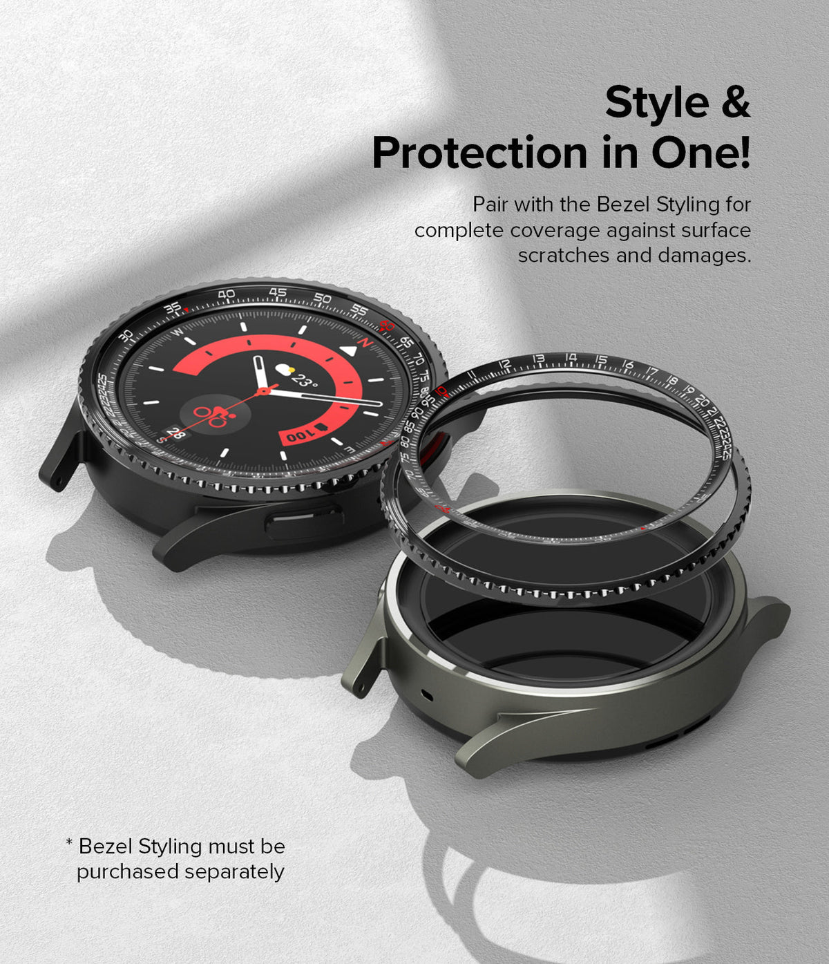 Galaxy Watch 5 Pro 45mm | Inner Bezel Styling - A Galaxy Watch 5 Pro with an attached bezel ring next to a bare watch case.
