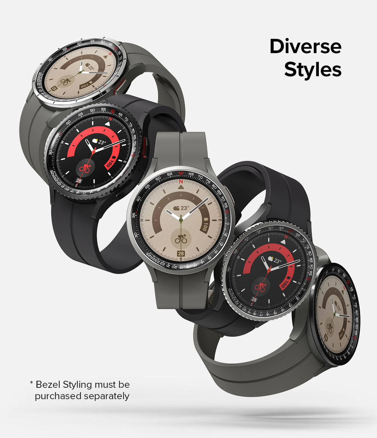 Galaxy Watch 5 Pro 45mm | Inner Bezel Styling - Five Galaxy Watch 5 Pro units with different inner bezel styles.