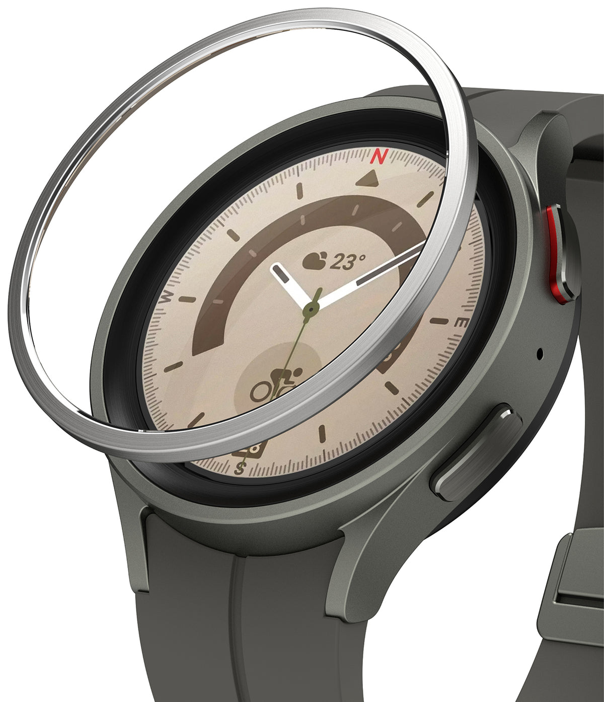 Galaxy Watch 5 Pro 45mm | Bezel Styling - A silver metal bezel ring hovering above a grey Galaxy Watch 5 Pro.