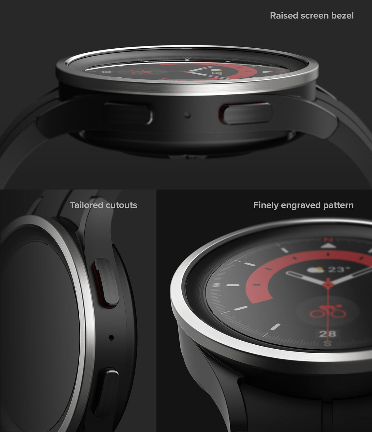 Galaxy Watch 5 Pro 45mm | Bezel Styling - Galaxy Watch 5 Pro 45mm | Close-up of a smartwatch showing a raised screen bezel, tailored button cutouts, and engraved pattern.
