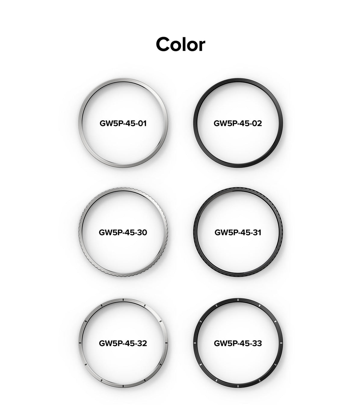 Galaxy Watch 5 Pro 45mm | Bezel Styling - Six circular watch bezels in silver and black with smooth, ridged, or marked designs.