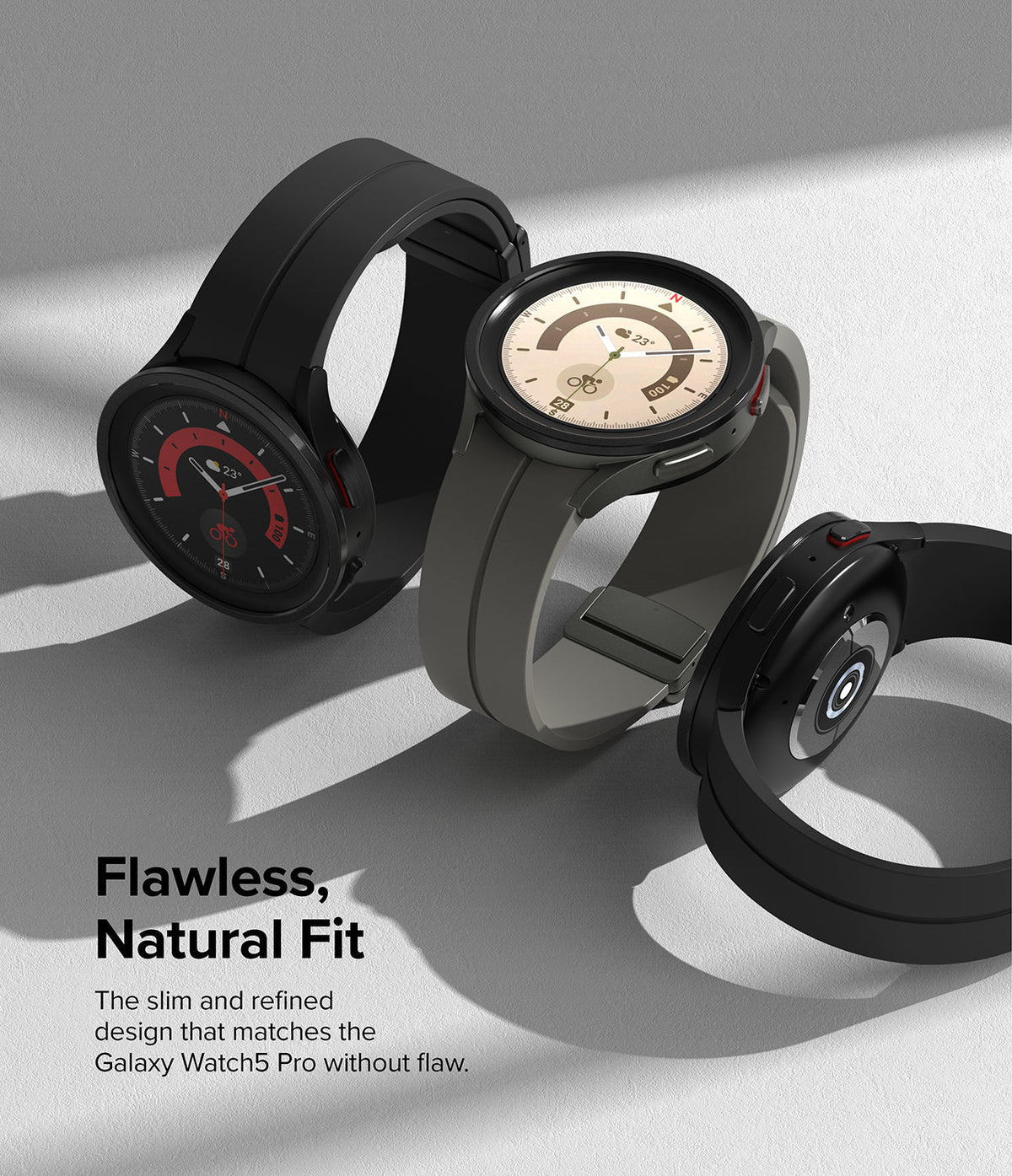 Galaxy Watch 5 Pro 45mm | Bezel Styling - Three Galaxy Watch 5 Pro smartwatches with different bands and bezel styles.