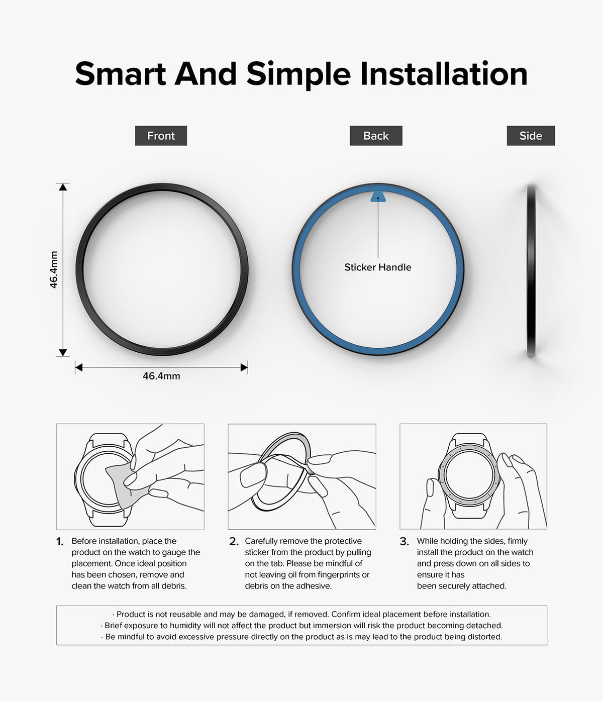 Galaxy Watch 5 Pro 45mm | Bezel Styling - Three-step installation guide for a watch bezel ring with dimensions and diagrams.