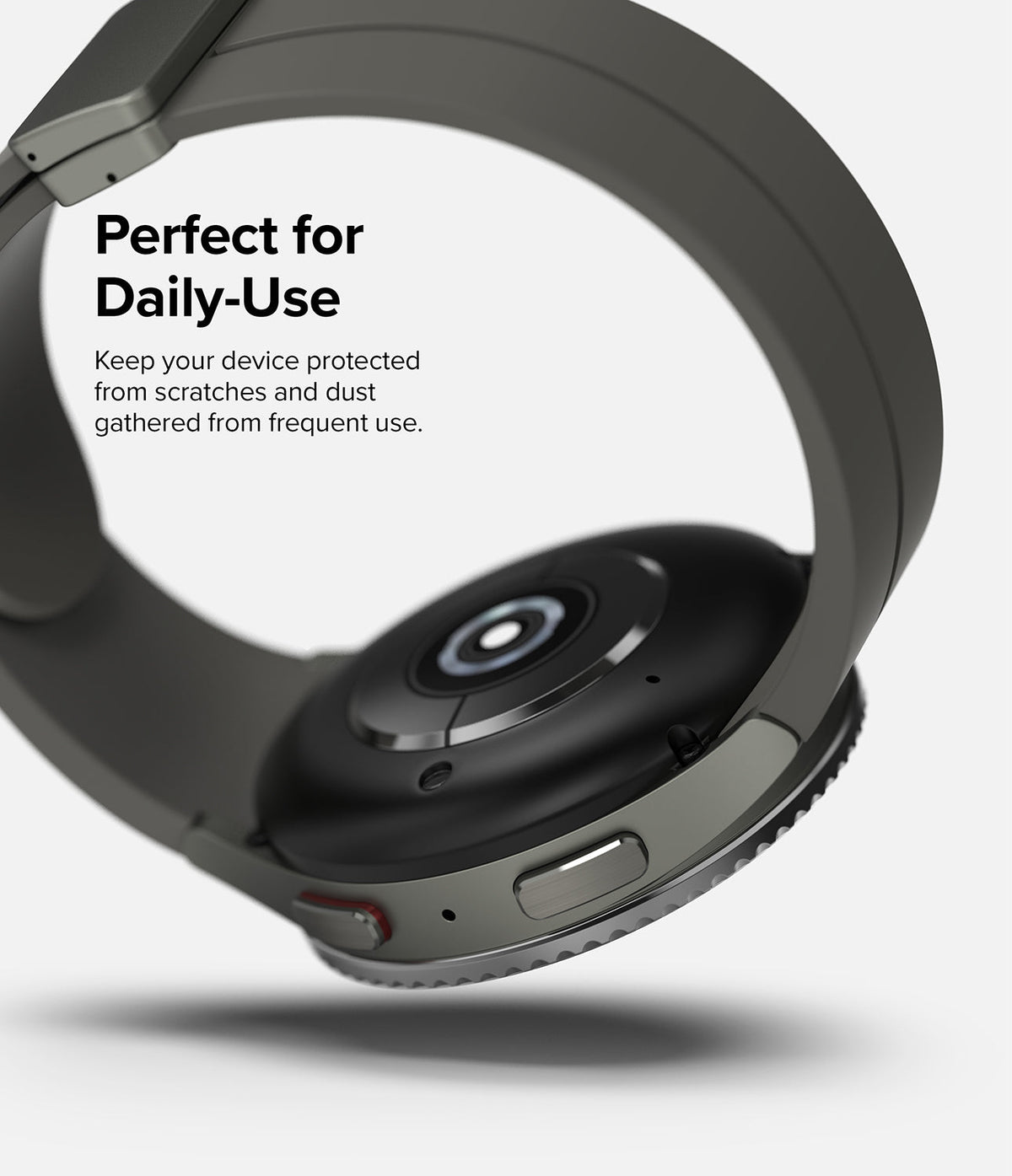 Galaxy Watch 5 Pro 45mm | Bezel Styling - Close-up of the watch back and side buttons with text about daily protection.