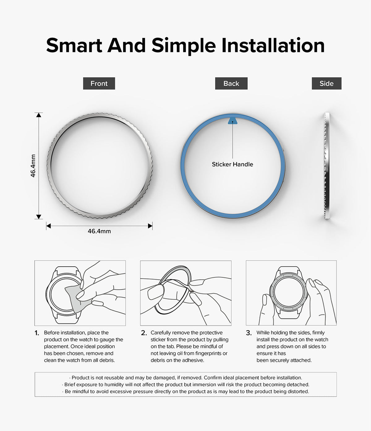 Galaxy Watch 5 Pro 45mm | Bezel Styling - Installation guide showing front, back, and side views with three-step instructions.