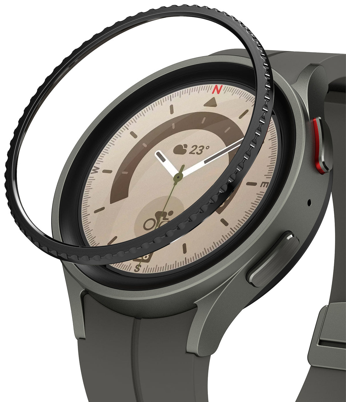 Galaxy Watch 5 Pro 45mm | Bezel Styling - Galaxy Watch 5 Pro 45mm - A black textured bezel ring hovering above a grey smartwatch with a beige analog watch face.