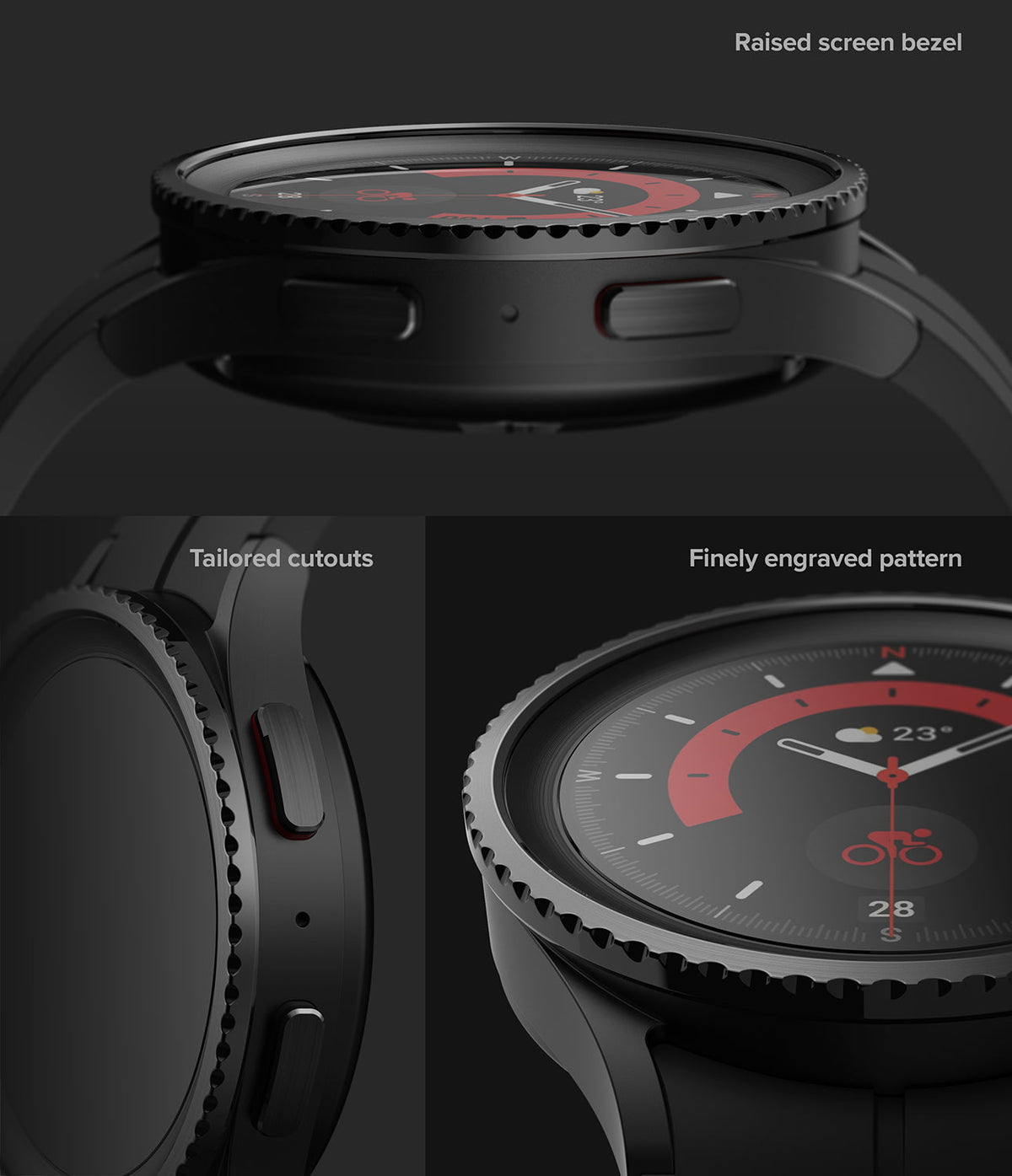 Galaxy Watch 5 Pro 45mm | Bezel Styling - Close-up views of a black smartwatch highlighting a raised bezel, tailored cutouts, and an engraved pattern.