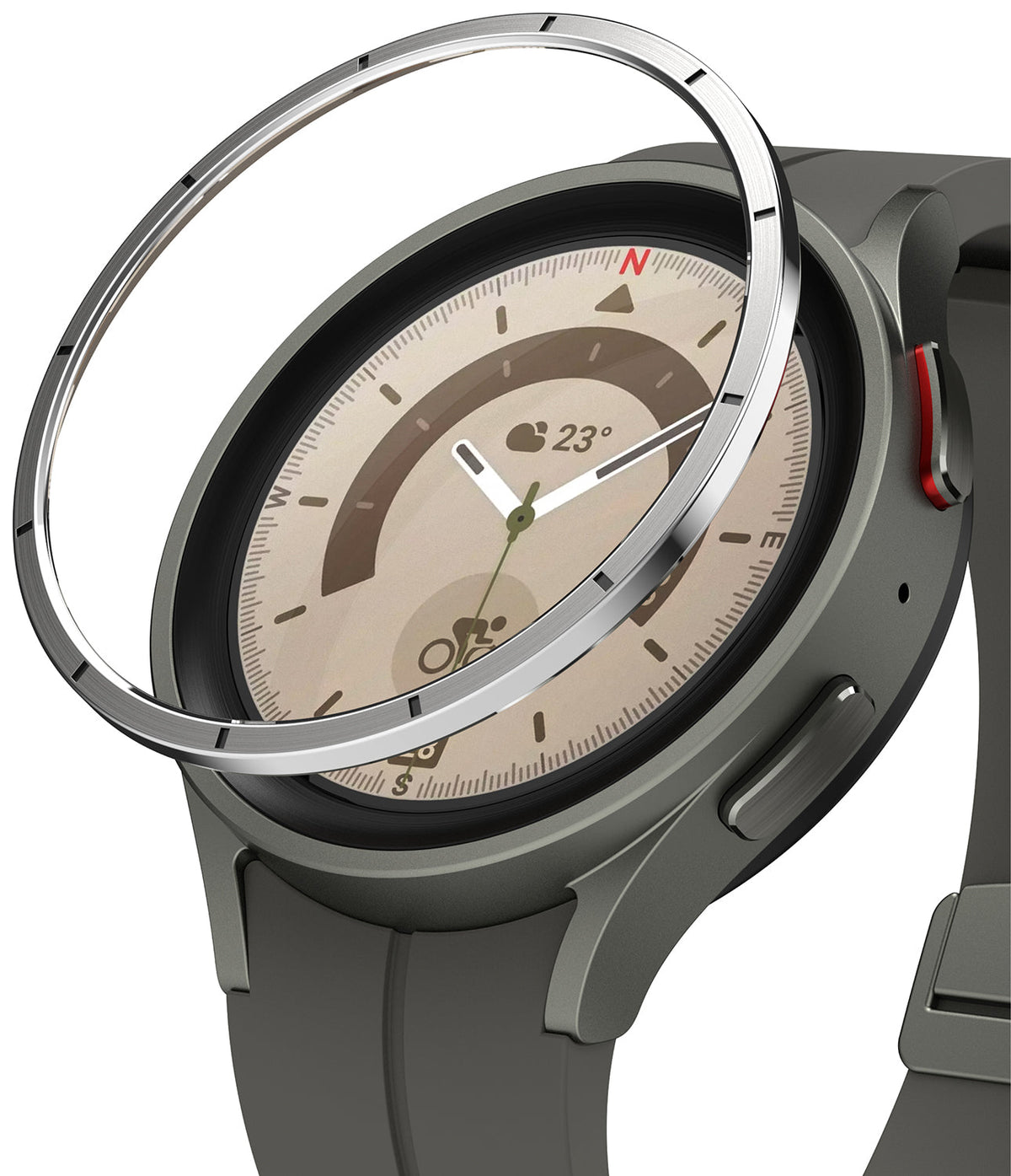 Galaxy Watch 5 Pro 45mm | Bezel Styling - A metallic bezel ring hovering above a grey Galaxy Watch 5 Pro smartwatch.