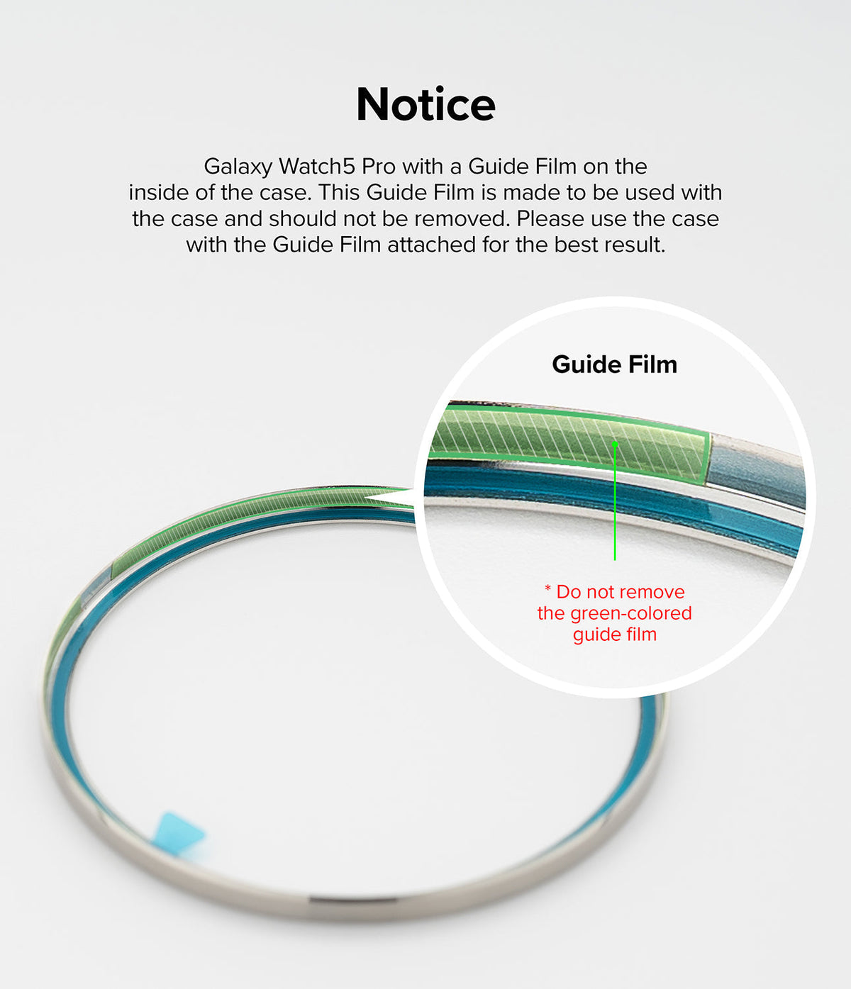 Galaxy Watch 5 Pro 45mm | Bezel Styling - Notice text instructing not to remove the green guide film from the watch bezel.