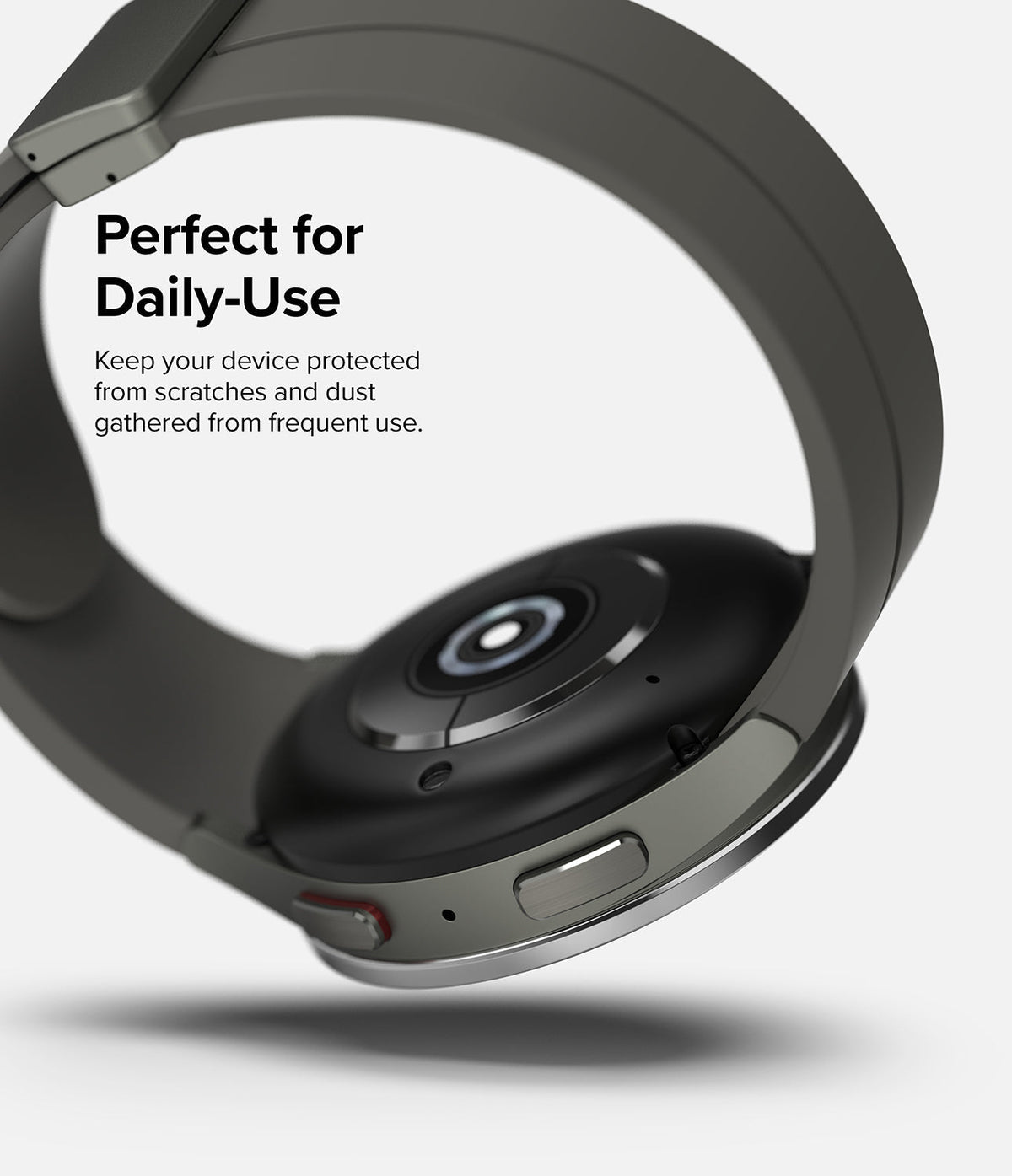 Galaxy Watch 5 Pro 45mm | Bezel Styling - Underside of a grey smartwatch with text about daily protection from scratches and dust.
