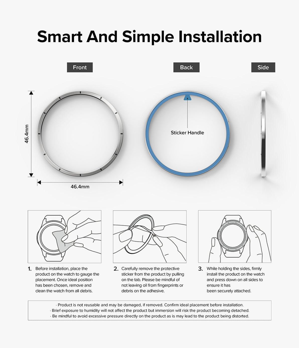 Galaxy Watch 5 Pro 45mm | Bezel Styling - Installation guide showing front, back, and side views with three step-by-step diagrams.