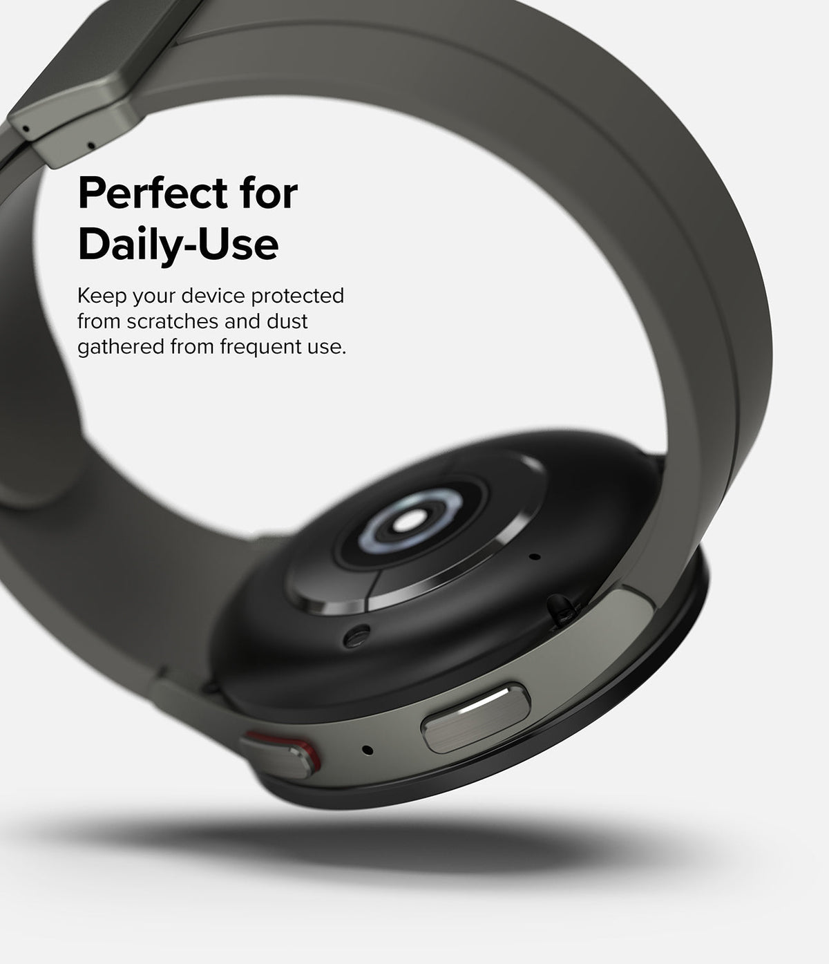 Galaxy Watch 5 Pro 45mm | Bezel Styling - Underside view of a smartwatch with a grey band and protective bezel styling.