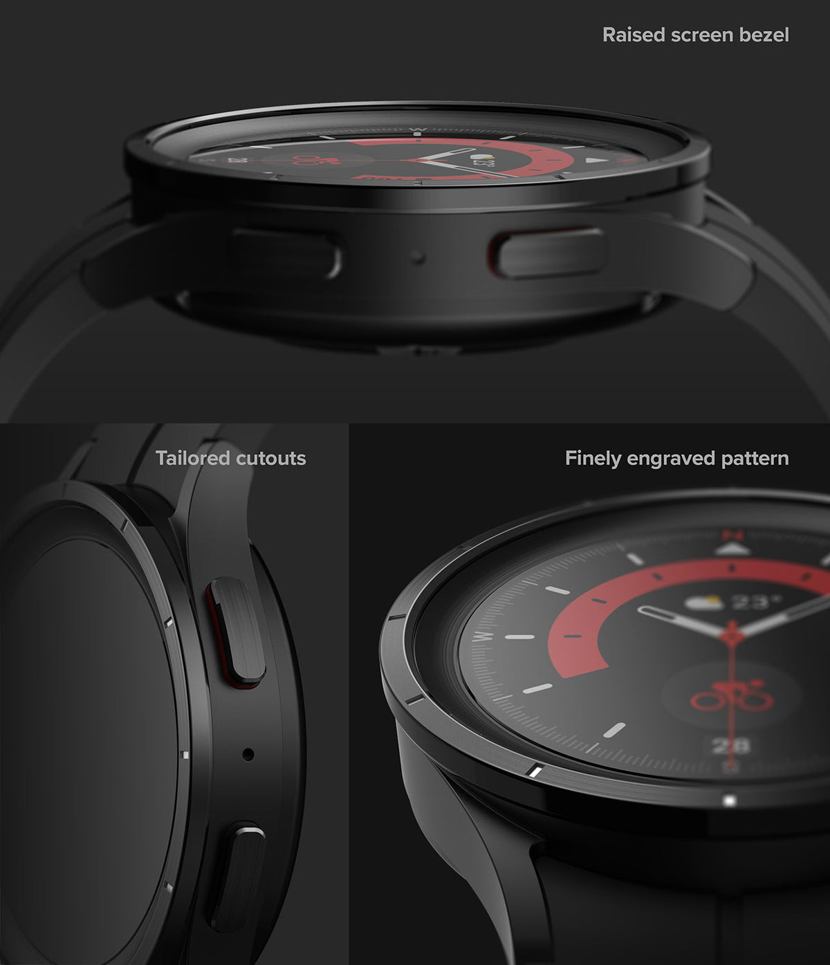 Galaxy Watch 5 Pro 45mm | Bezel Styling - Close-up of black watch showing raised bezel, tailored button cutouts, and engraved pattern.