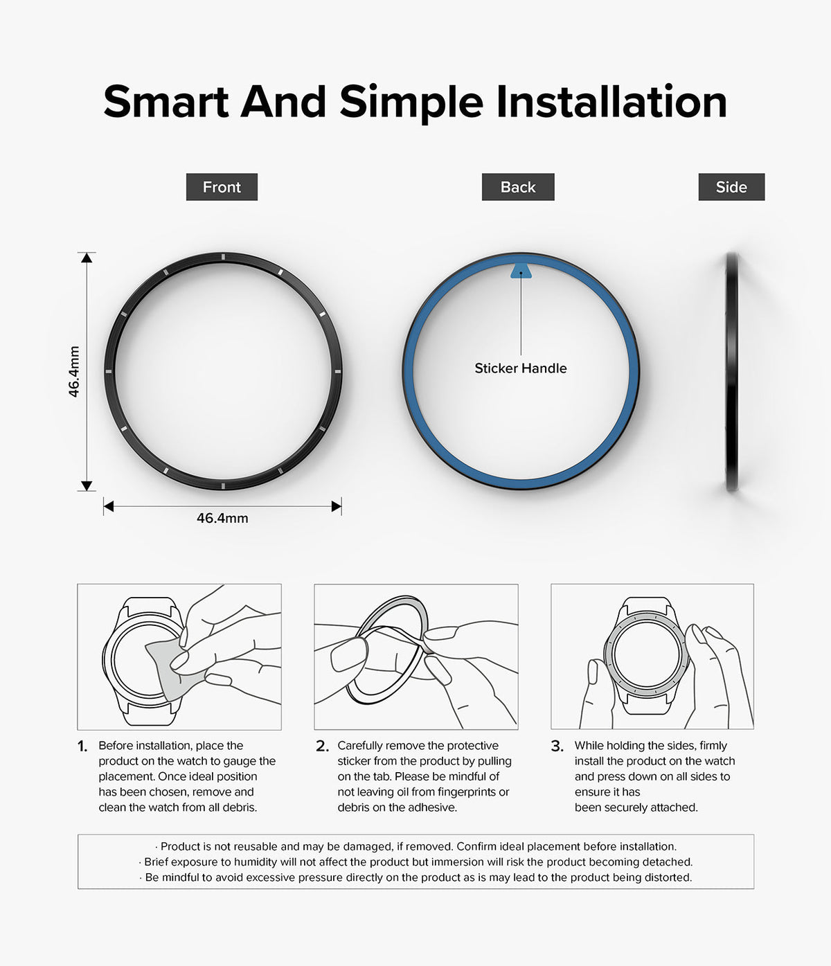 Galaxy Watch 5 Pro 45mm | Bezel Styling - Diagram showing bezel dimensions, adhesive backing, and three-step installation guide.