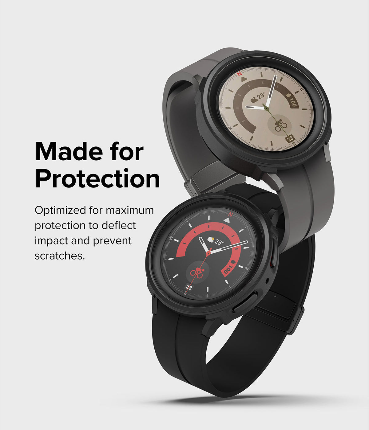 Galaxy Watch 5 Pro Case | Air Sports - Two Galaxy Watch 5 Pro smartwatches in protective black cases stacked vertically.