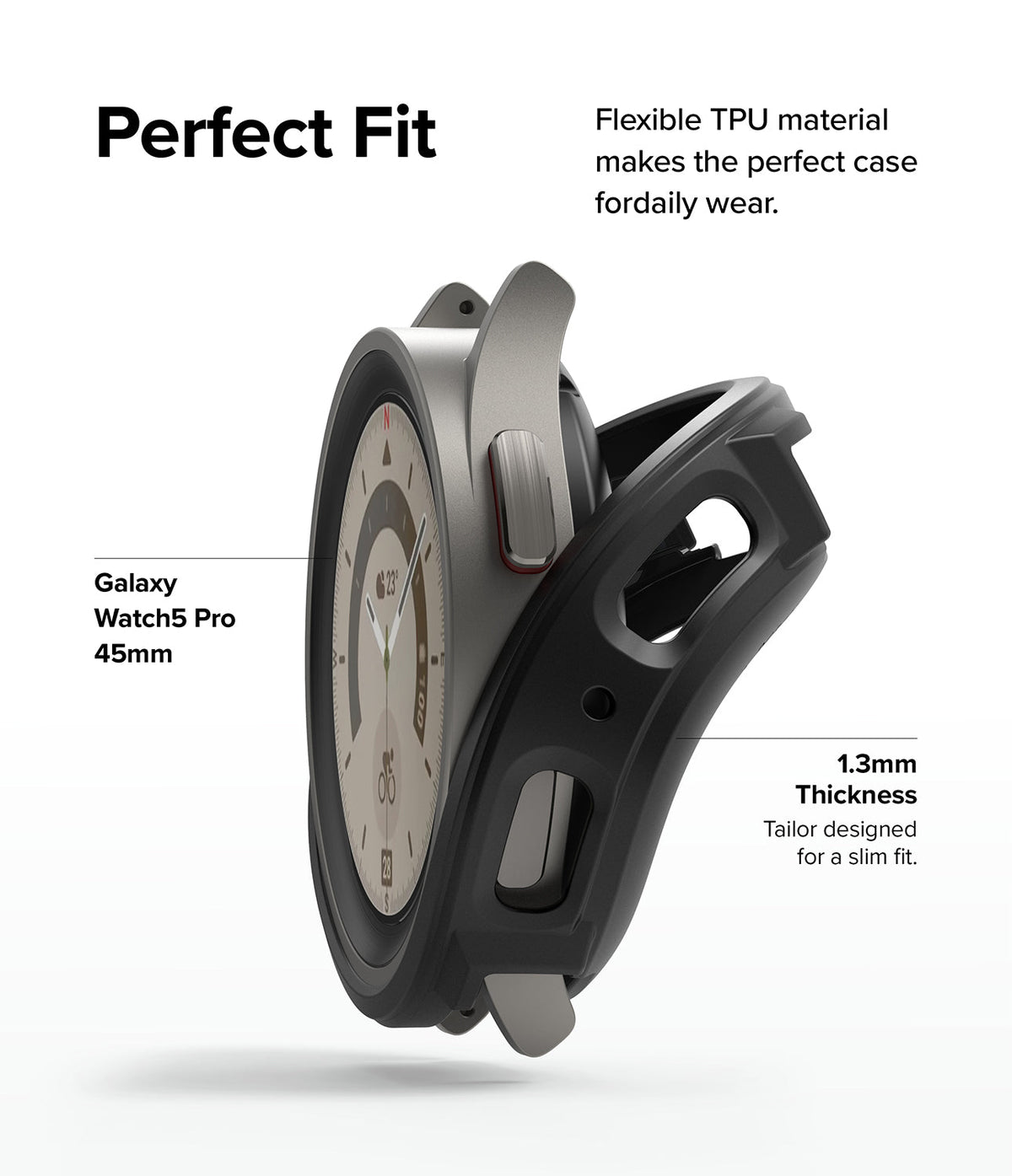 Galaxy Watch 5 Pro Case | Air Sports - Side view of a Galaxy Watch 5 Pro being inserted into a slim black TPU case.