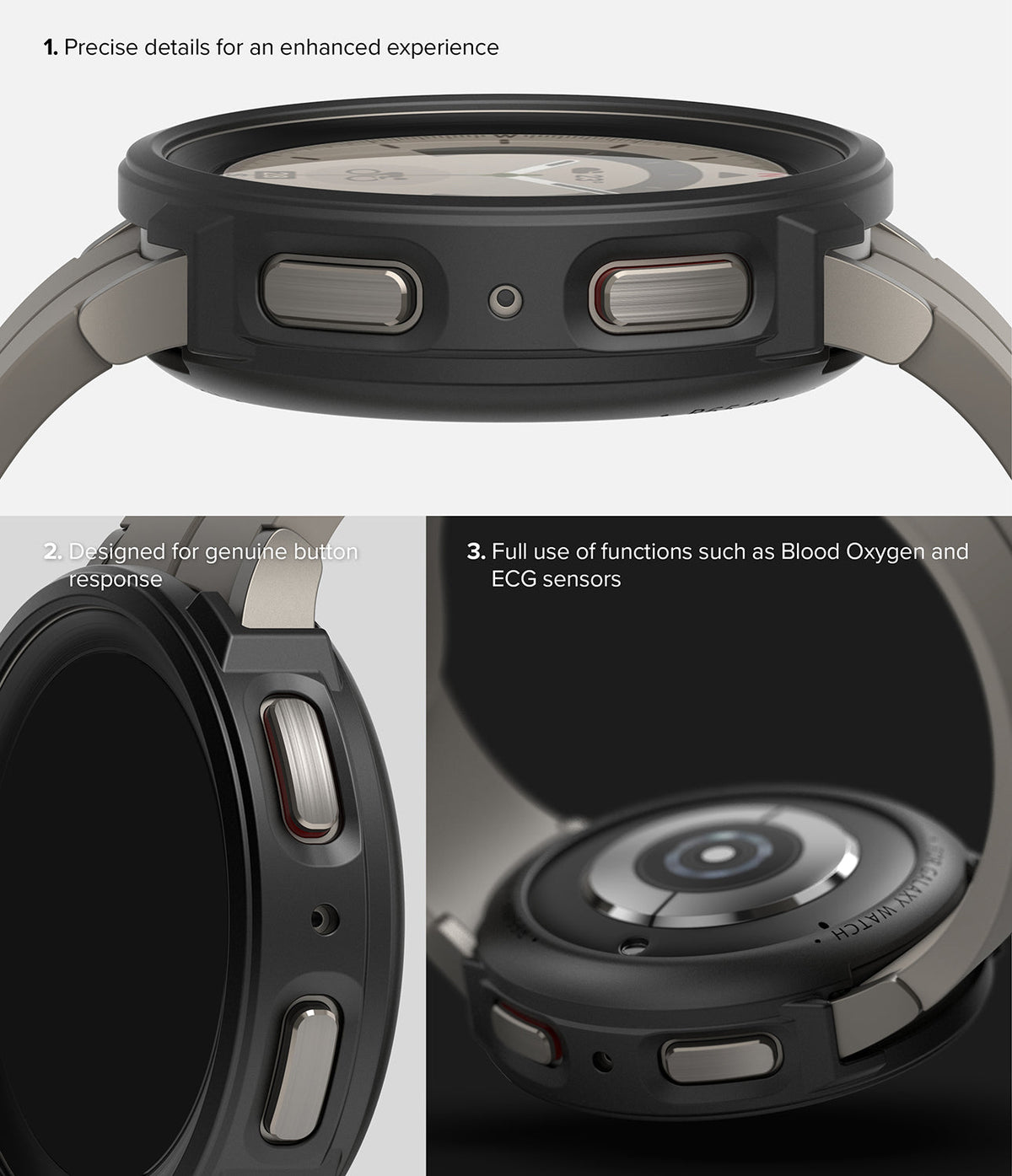 Galaxy Watch 5 Pro Case | Air Sports - Close-up views of a black watch case highlighting button access and sensor exposure.