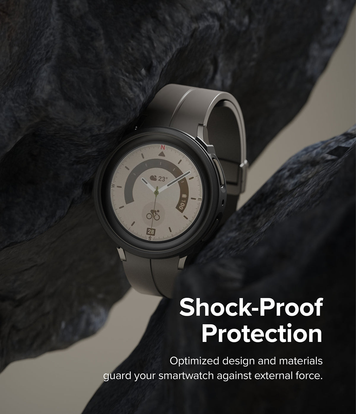 Galaxy Watch 5 Pro Case | Air Sports - A smartwatch nestled between two jagged black rocks with shock-proof text overlay.