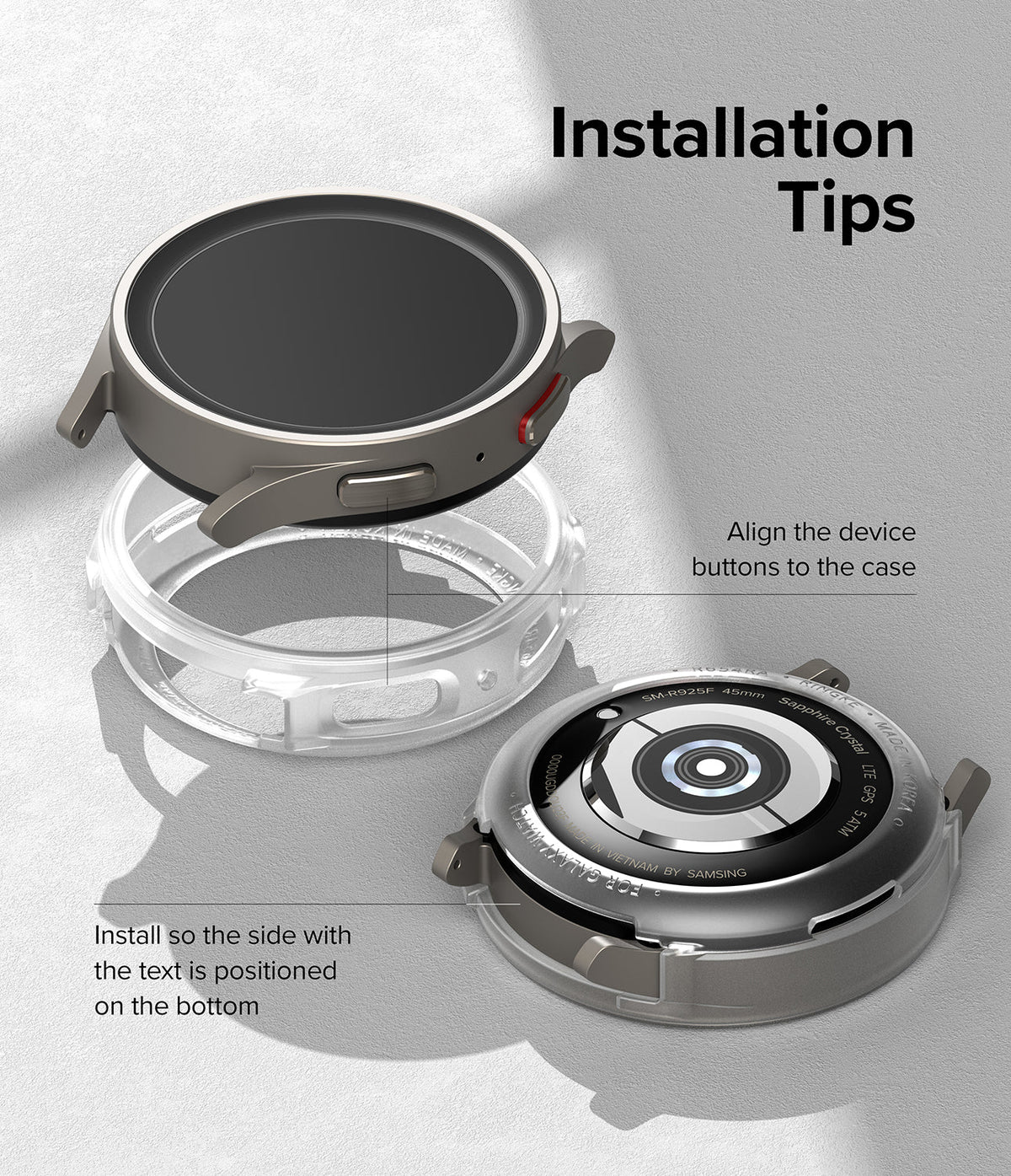 Galaxy Watch 5 Pro Case | Air Sports - Diagram showing how to align a Galaxy Watch 5 Pro into a clear protective case.